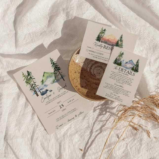 Mountain Watercolor Woodland Pine Trees Wedding Invitation (Creator Uploaded)