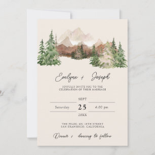 Mountain Watercolor Woodland Pine Wedding Invitation