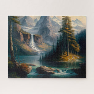Mountain, Waterfall, Lake, Scenic Jigsaw Puzzle