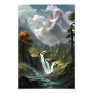 Mountain Waterfall Serenity - Nature Landscape Art Photo Print