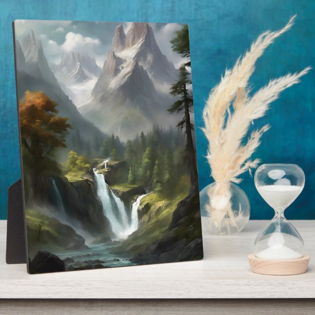 Mountain Waterfall Serenity - Nature Landscape Art Plaque (Side)