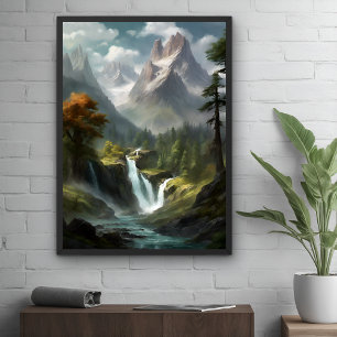 Mountain Waterfall Serenity - Nature Landscape Art Poster