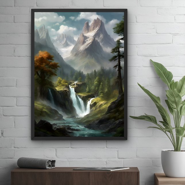 Mountain Waterfall Serenity - Nature Landscape Art Poster (Creator Uploaded)
