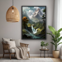 Mountain Waterfall Serenity - Nature Landscape Art