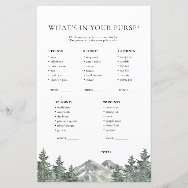 Mountain What's In Your Purse Game Cards (Front)