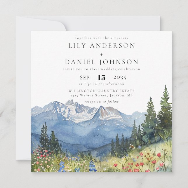Mountain Wildflower All In One QR Code Wedding Invitation (Front)