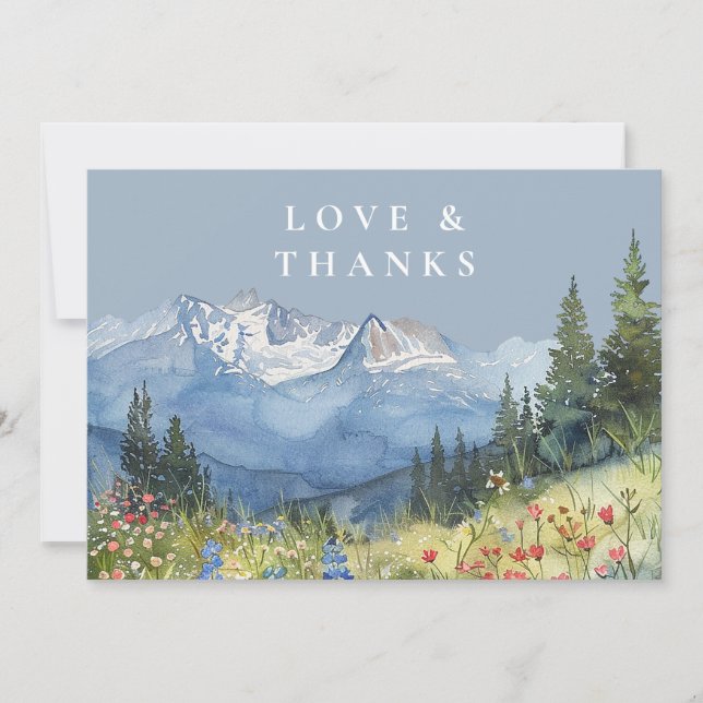 Mountain Wildflower Dusty Blue Wedding Photo Thank You Card (Front)
