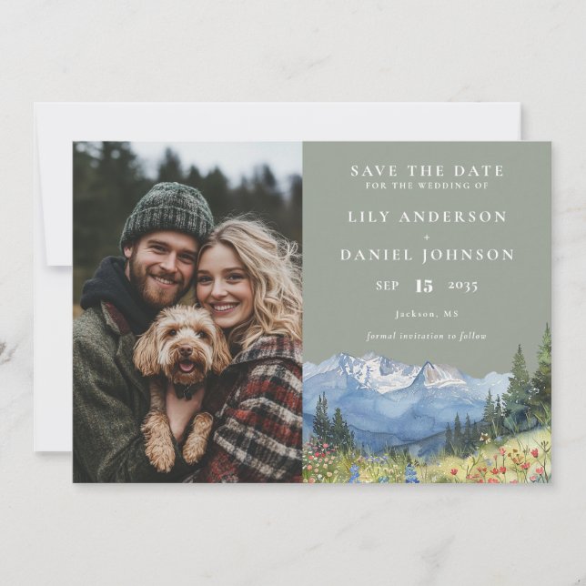Mountain Wildflowers Sage Green Photo Wedding Save The Date (Front)