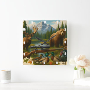 Mountain Wildlife Majestic Elk Hunter's Trophy Square Wall Clock