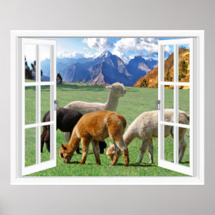 Mountain Window View With Alpaca Poster