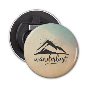 Mountain with Sunrays and Wanderlust Typography Bottle Opener
