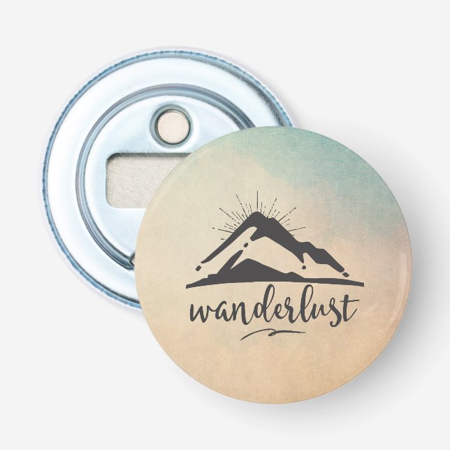 Mountain with Sunrays and Wanderlust Typography Bottle Opener (Front)