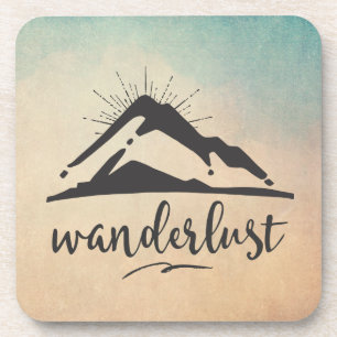 Mountain with Sunrays and Wanderlust Typography Coaster
