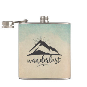 Mountain with Sunrays and Wanderlust Typography Hip Flask