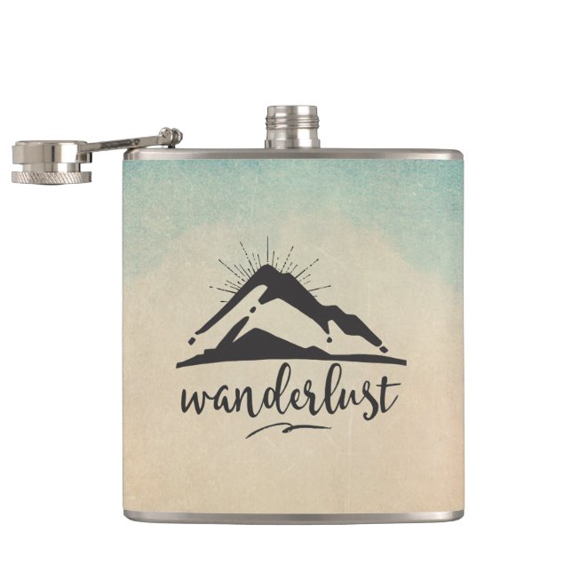 Mountain with Sunrays and Wanderlust Typography Hip Flask (Opened)