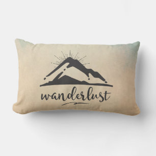 Mountain with Sunrays - Wanderlust Typography Lumbar Cushion