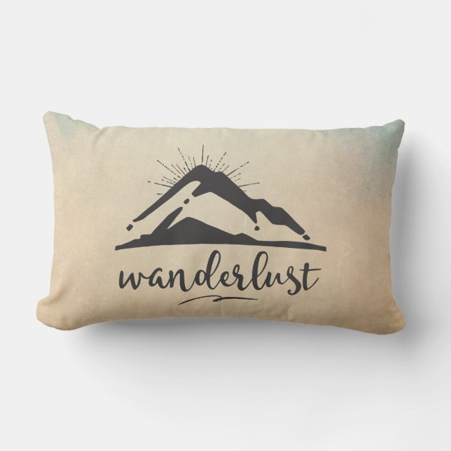 Mountain with Sunrays - Wanderlust Typography Lumbar Cushion (Front)