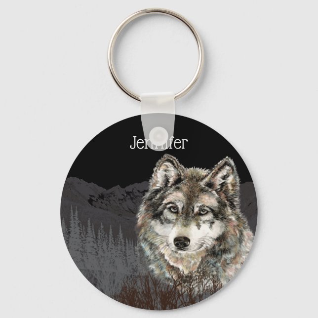 Mountain with Watercolor Wolf Animal Custom Name Key Ring (Front)