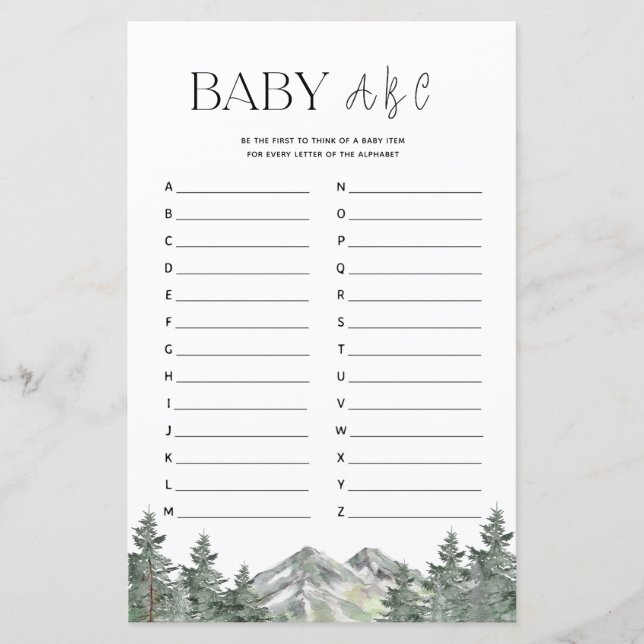 Mountain Woodland Baby Shower ABC Alphabet Game (Front)
