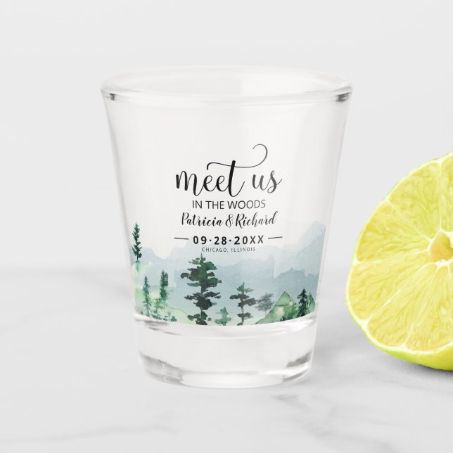 Mountain Woods Destination Wedding Save The Date Shot Glass (Front)