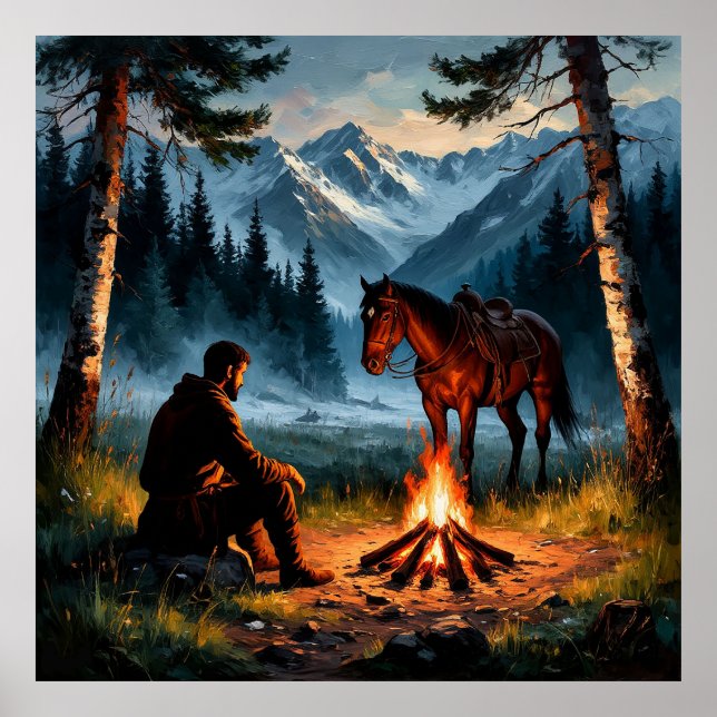 Mountainous Forest with Horse at Twilight Poster (Front)