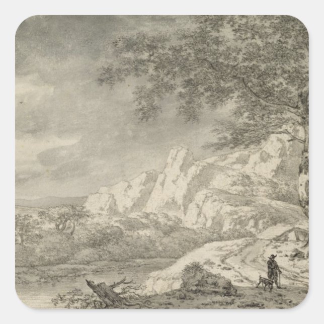 Mountainous Landscape with a Hiker Square Sticker (Front)
