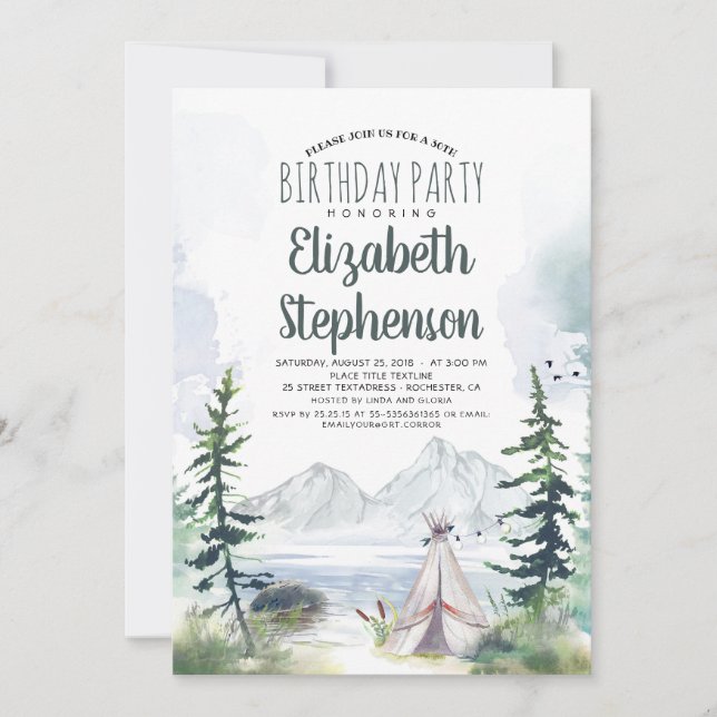 Mountains Adventure Camping in the Woods Birthday Invitation (Front)