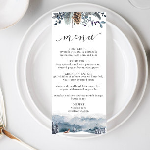 Mountains and Fox, Rustic Blue Floral Wedding Menu