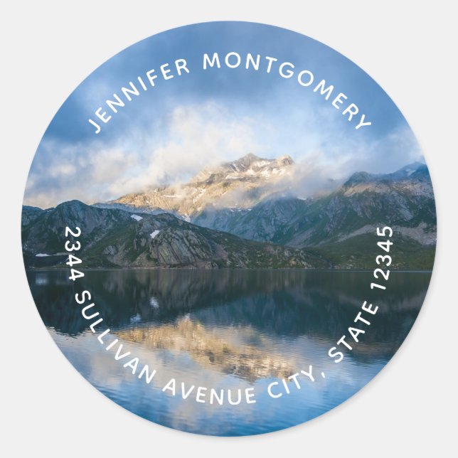Mountains and Lake Scenic Nature Photo Address Classic Round Sticker (Front)