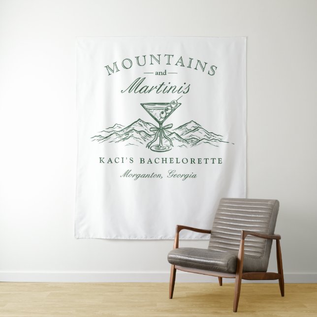 Mountains and Martinis Bachelorette Backdrop Tapestry (In Situ)