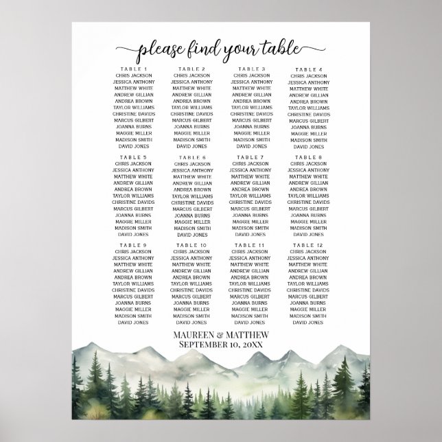 Mountains and Pines 12 Tables Wedding Seating Poster (Front)