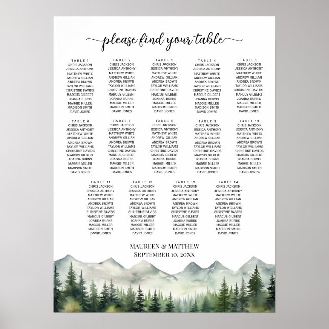 Mountains and Pines 14 Tables Wedding Seating Poster (Front)