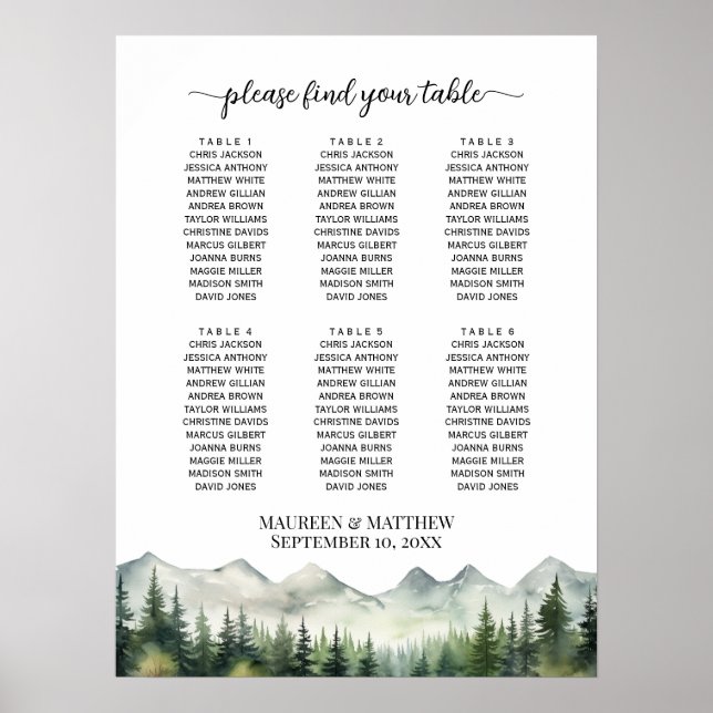 Mountains and Pines 6 Tables Wedding Seating Poster (Front)