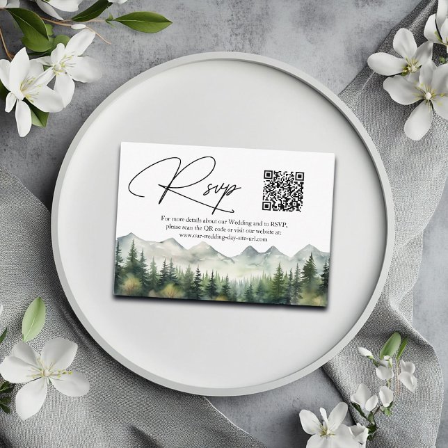 Mountains and Pines QR Code Wedding RSVP Card (Creator Uploaded)