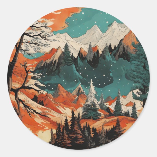Mountains and Stars Classic Round Sticker (Front)
