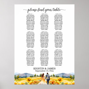 Mountains and Sunflowers 9 Tables Wedding Seating Poster