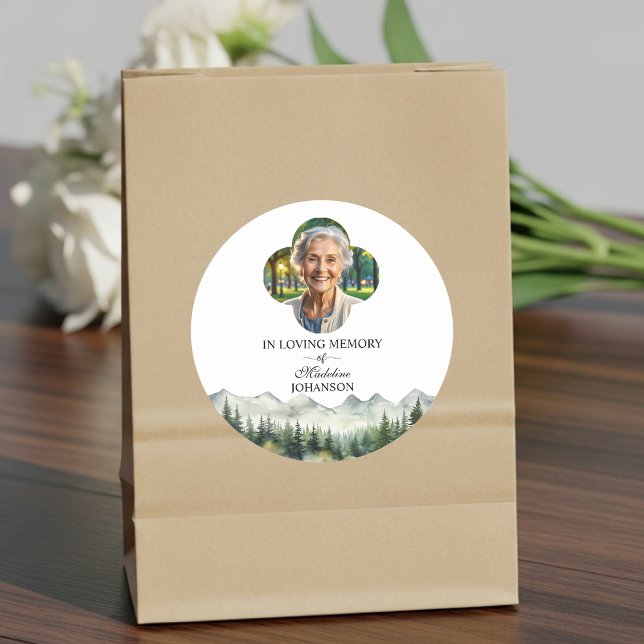 Mountains and Trees Celebration Of Life Funeral Classic Round Sticker (Creator Uploaded)
