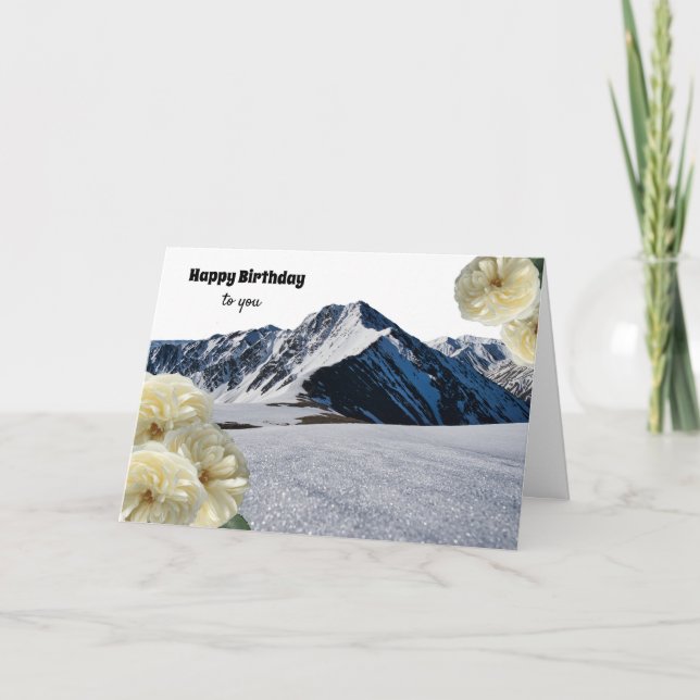Mountains and White Flowers Birthday Card (Front)