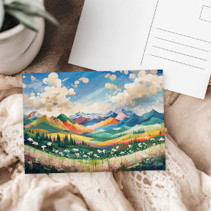 Mountains and Wildflowers Colourful Art Painting  Postcard