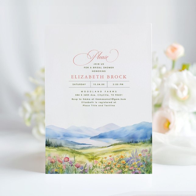 Mountains and Wildflowers Elegant Bridal Shower Invitation (Wildflowers and Mountains Horizons Bridal Shower Invitations)