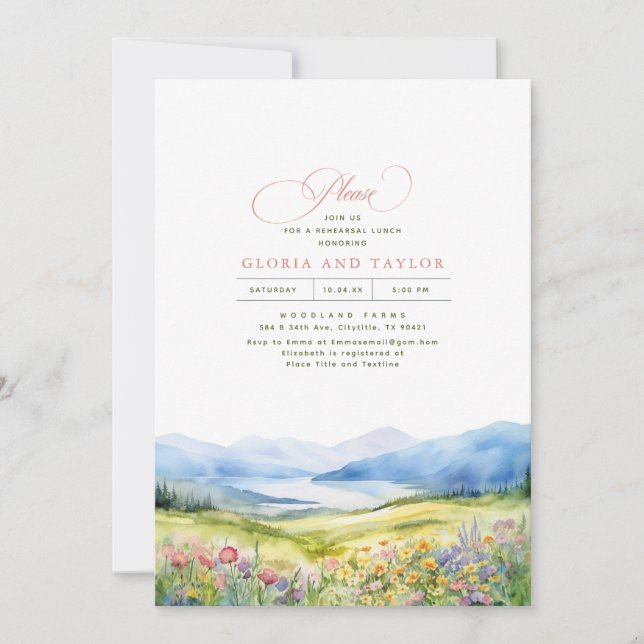 Mountains and Wildflowers Elegant Rehearsal Lunch Invitation (Front)