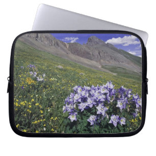Mountains and wildflowers in alpine meadow, Blue Laptop Sleeve