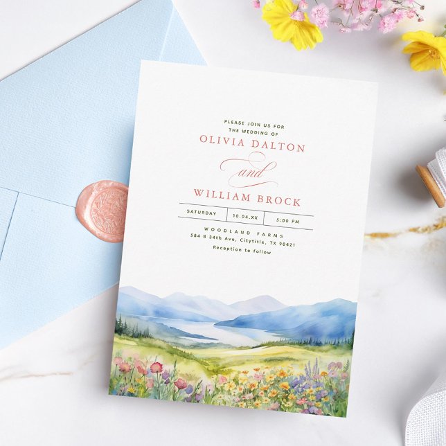 Mountains and Wildflowers Landscape Wedding Invitation (Wildflowers Mountains Wedding Invitations)