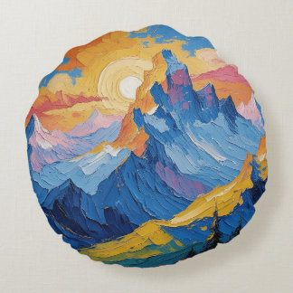 Mountains at dawn with glow round cushion
