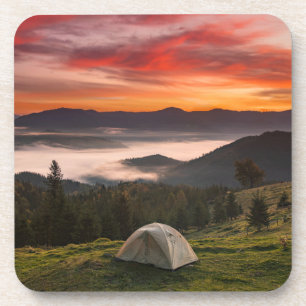 Mountains   Camping Foggy Sunrise Coaster