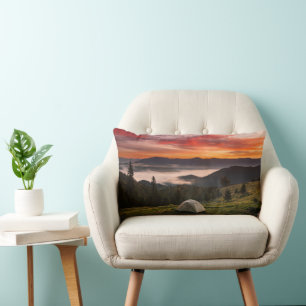 Mountains Camping Foggy Sunrise Lumbar Cushion
