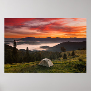 Mountains   Camping Foggy Sunrise Poster