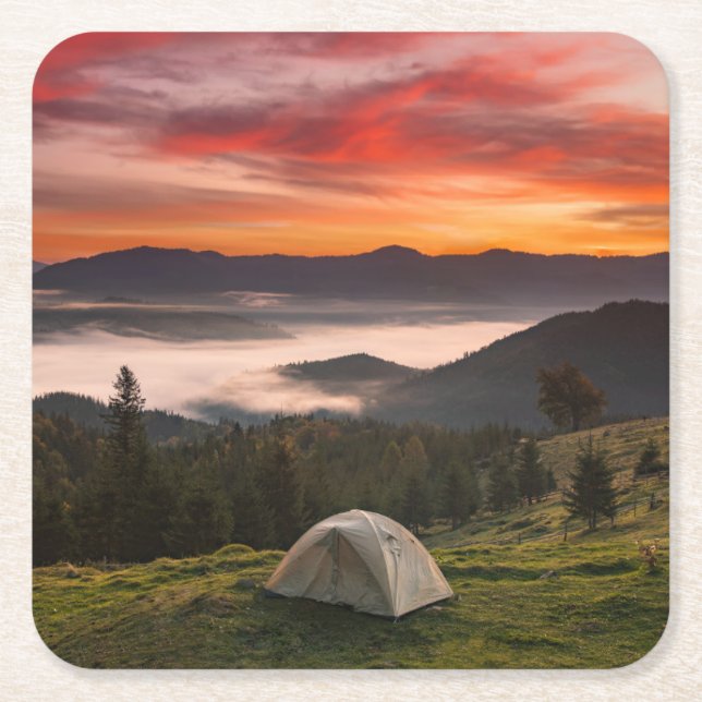 Mountains | Camping Foggy Sunrise Square Paper Coaster (Front)