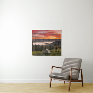 Mountains Camping Foggy Sunrise Tapestry