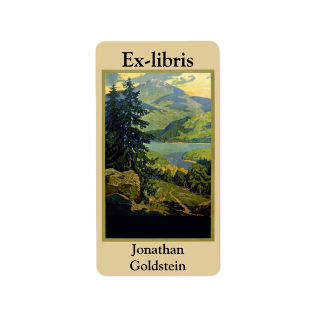 Mountains, deer, trees, bookplate label (Front)